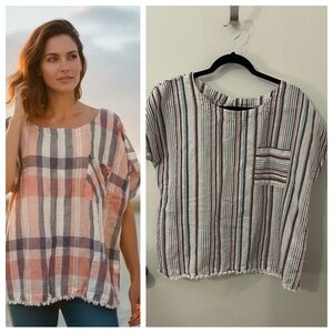 Liz Claiborne Linen Blend Stripe Shirt L Oversized Peach Light Airy Short Sleeve